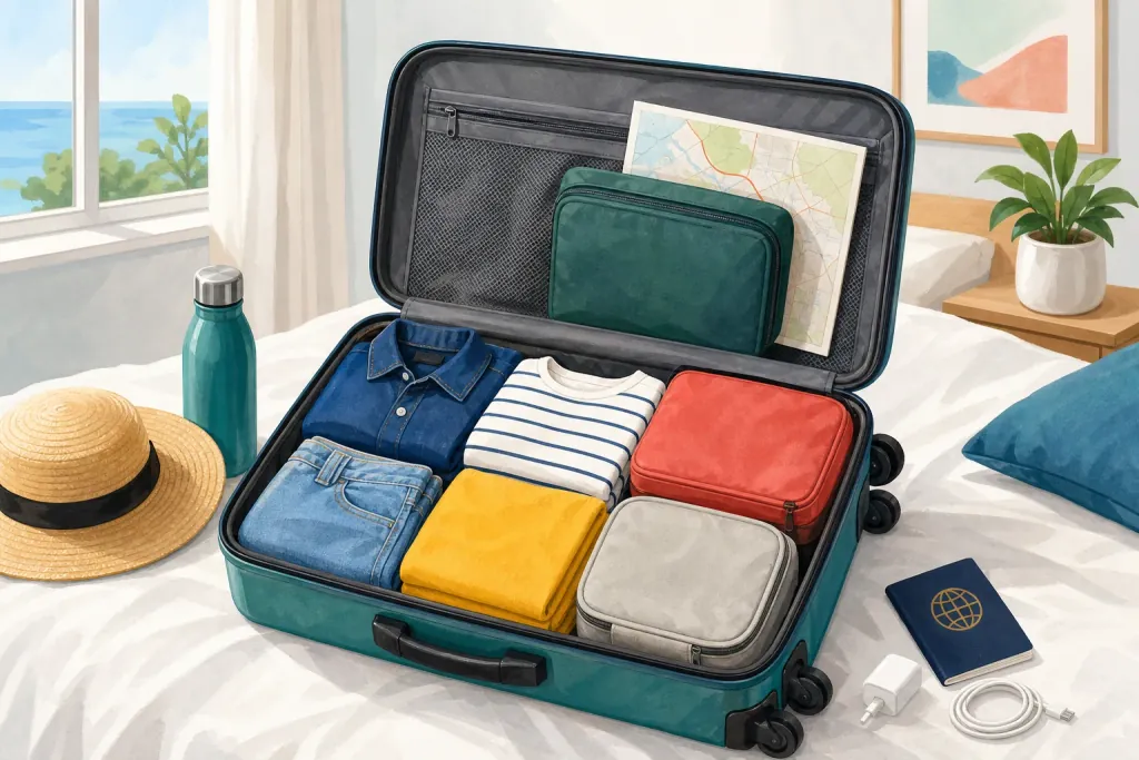 衣類や旅行用品をスーツケースへ荷造りしている様子